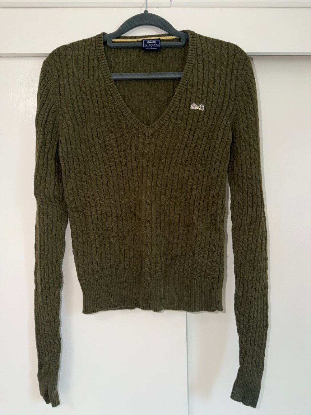 Le Tigre Vintage Olive Green Cable Knit V-Neck Sweater Size Small